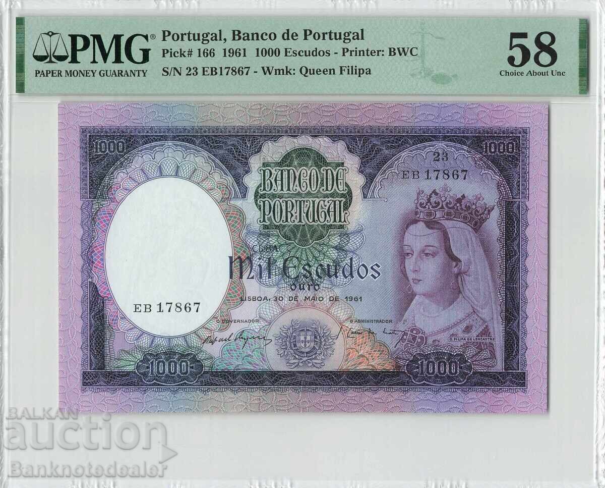 Portugal 1000 Escudos 1961 Pick 166 PMG Gem Uncirculated 58 Exceptional Paper Quality