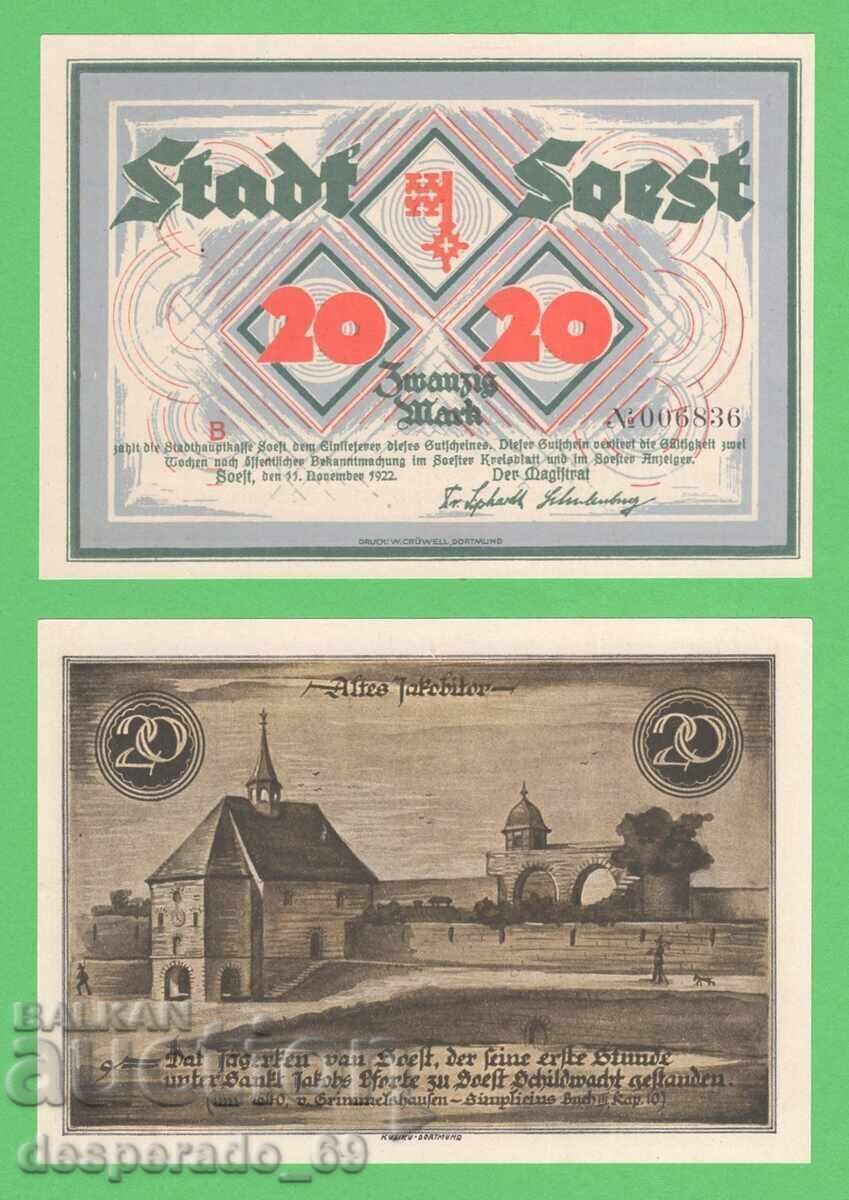 (¯`'•.¸ΓΕΡΜΑΝΙΑ (Soest) 20 μάρκα 1922 UNC¸.•'´¯)