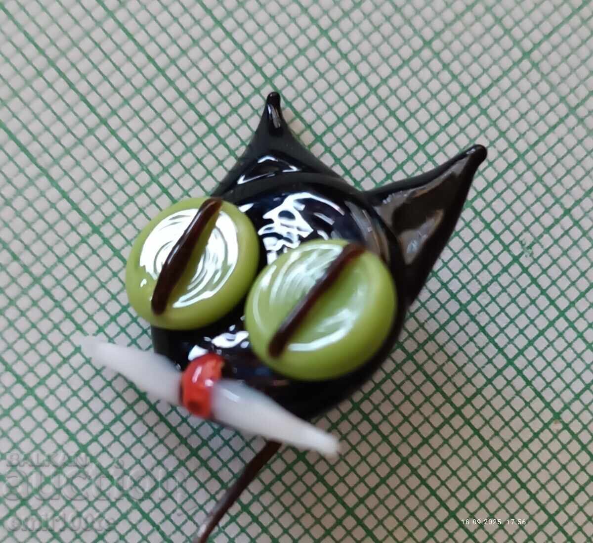 Auction  Old handmade glass badge Cat