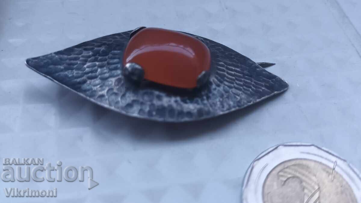 Сребро,карнеол,арт нуво брошка,ръчна,изработка - 5