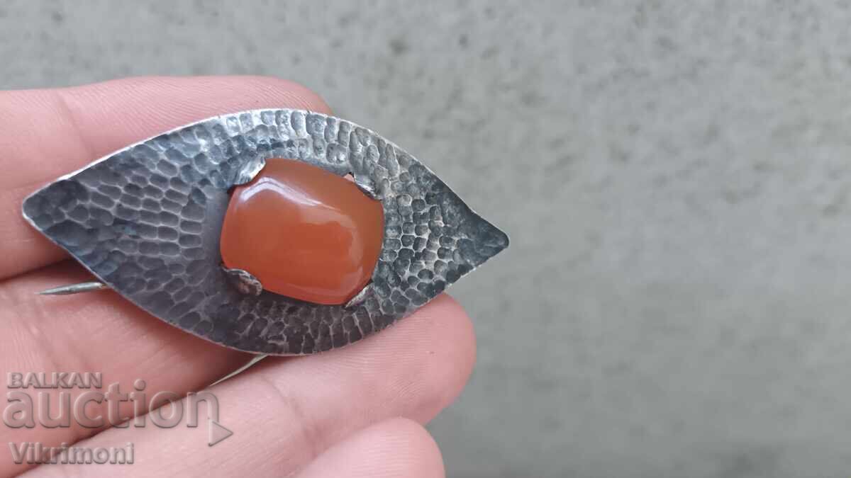 Сребро,карнеол,арт нуво брошка,ръчна,изработка - 7