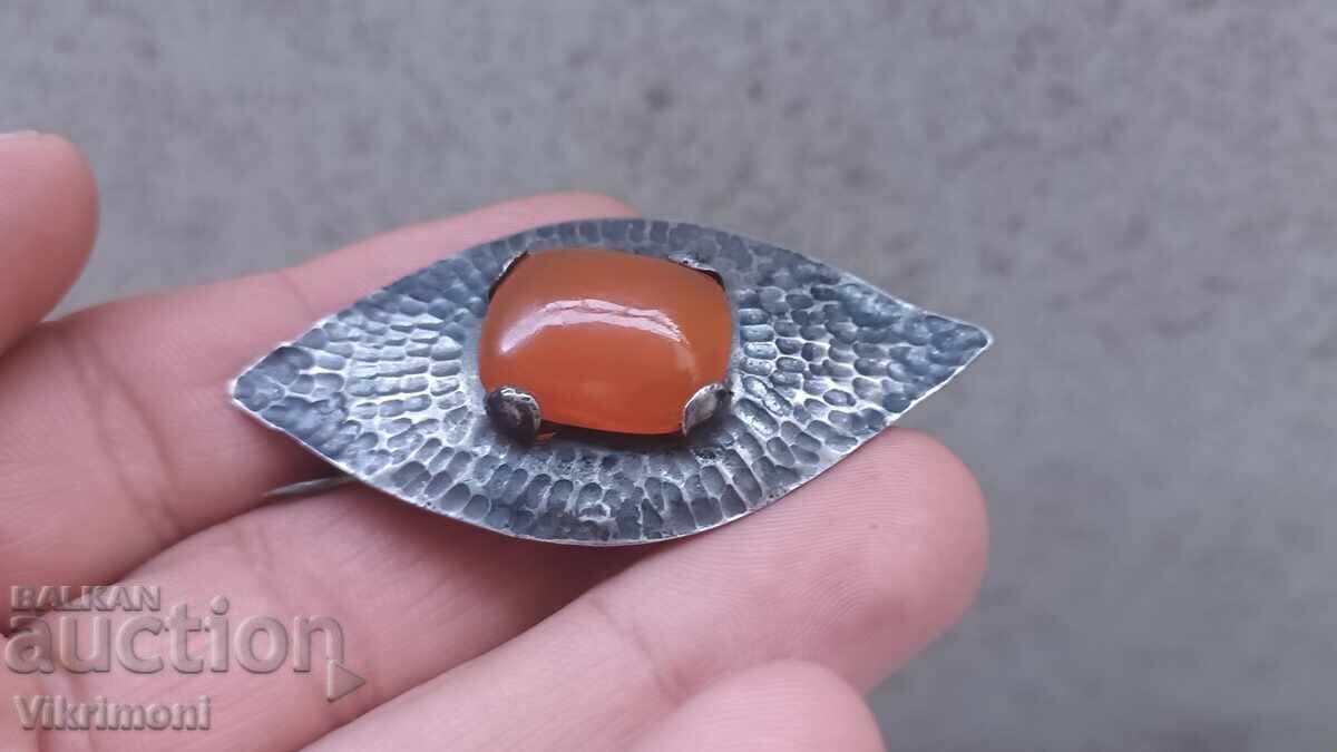 Сребро,карнеол,арт нуво брошка,ръчна,изработка