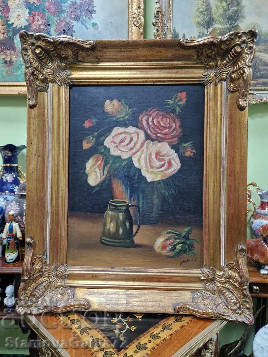 Νεκρή φύση αντίκα λάδι σε καμβά, συγγραφέας, πλαίσιο με τιμή € 95.61 | 187.00 BGN