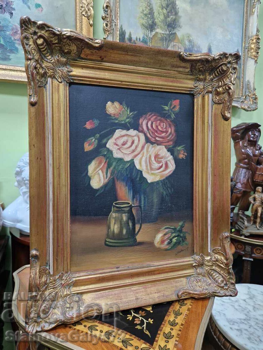 Νεκρή φύση αντίκα λάδι σε καμβά, συγγραφέας, πλαίσιο - 5