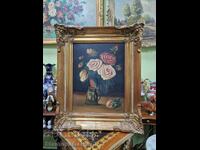 Νεκρή φύση αντίκα λάδι σε καμβά, συγγραφέας, πλαίσιο