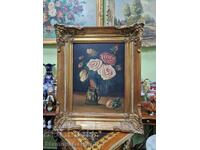 Νεκρή φύση αντίκα λάδι σε καμβά, συγγραφέας, πλαίσιο