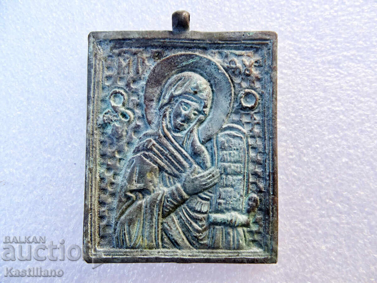 Veche icoană ortodoxă din bronz a Sf. Fecioare Maria - 7
