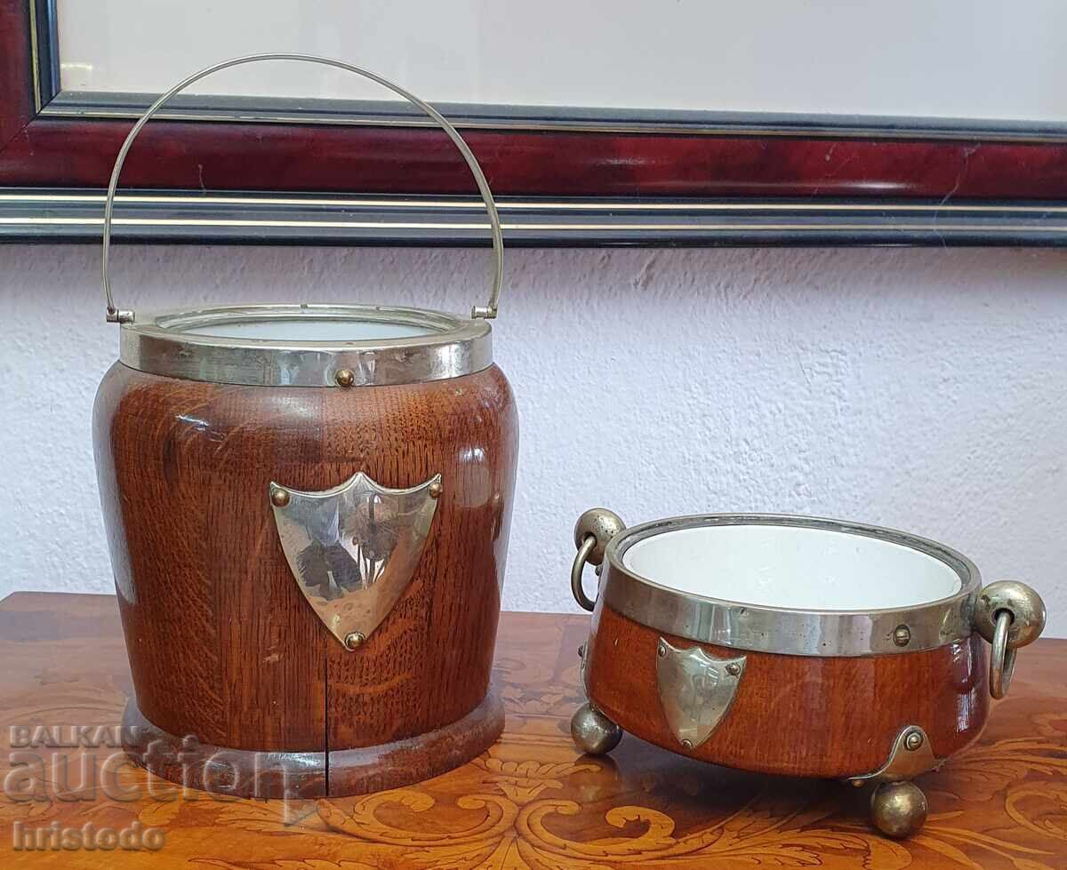 Set of old champagne bucket and ice bowl