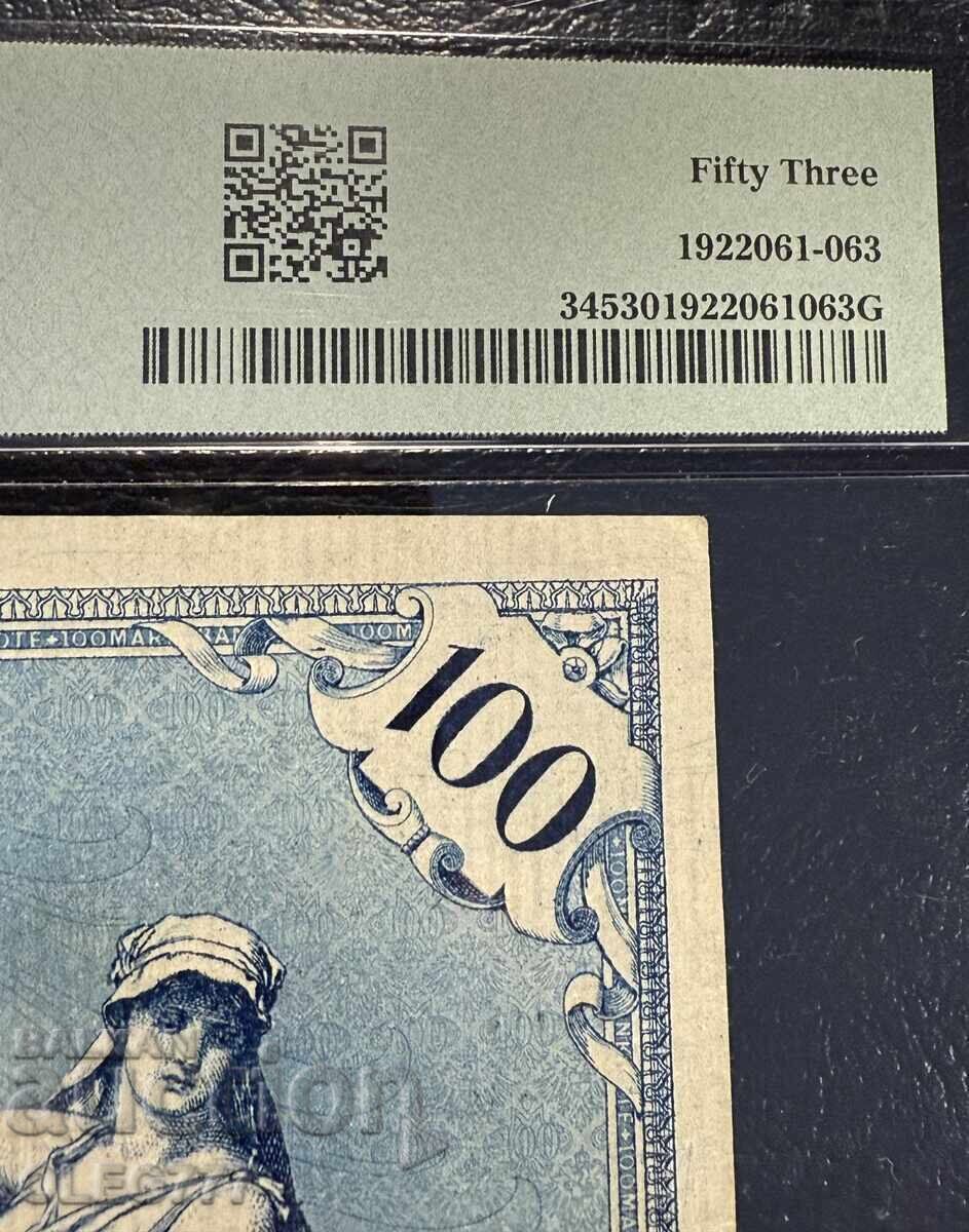 Auction  100 Mark Germany Imperial Bank 1908 PMG 53 Green seal & number