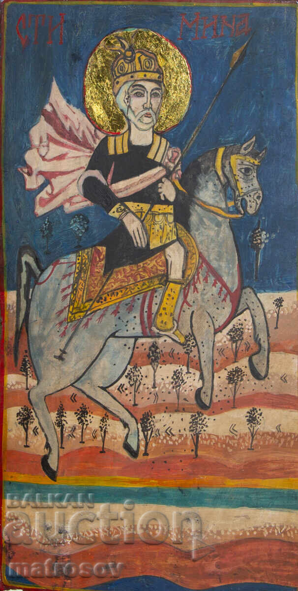 Hand-painted icon, tempera paints, Saint Mina with price 200.00 BGN | € 102.26