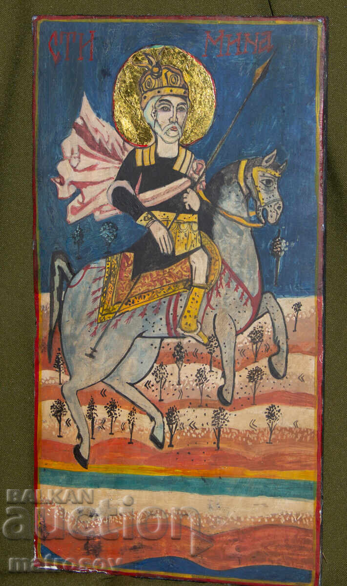 Auction  Hand-painted icon, tempera paints, Saint Mina