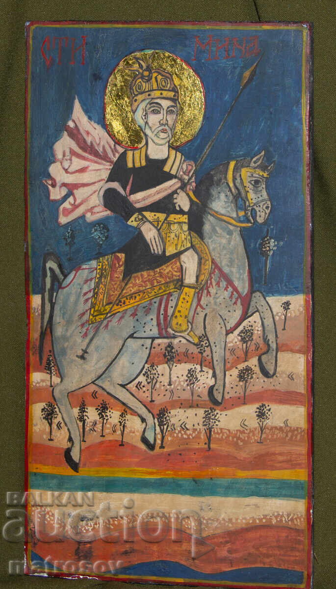 Hand-painted icon, tempera paints, Saint Mina
