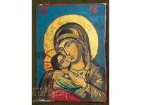 Icoană pictată manual, vopsele tempera, Sf. Fecioară Maria cu Pruncul