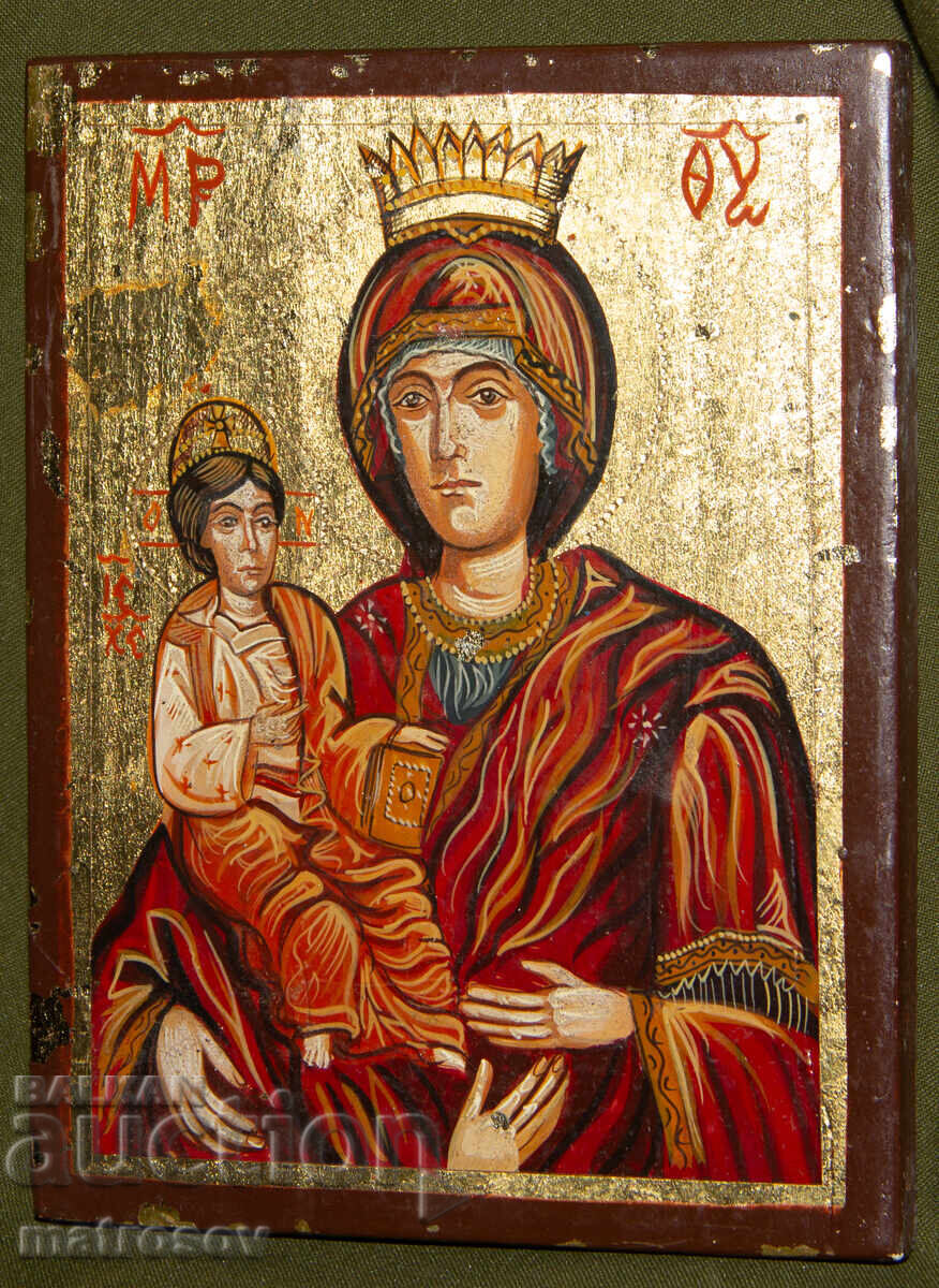 Icoană pictată manual, vopsele tempera, Sf. Fecioară Maria cu Pruncul