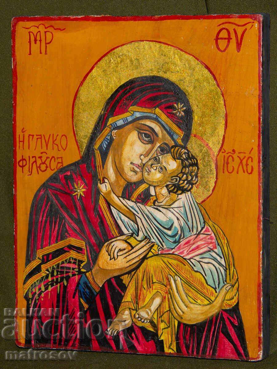 Hand-painted icon, tempera paints, St. Mary with the Child