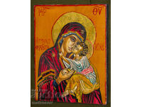 Icoană pictată manual, vopsele tempera, Sf. Fecioară Maria cu Pruncul