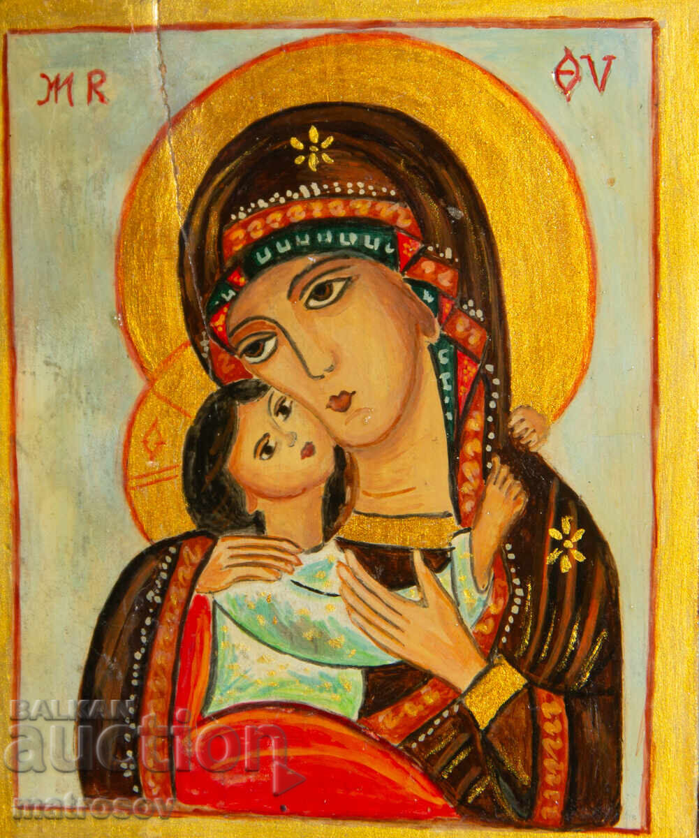 Licitație Icoană pictată manual, vopsele tempera, Sf. Fecioară Maria cu Pruncul