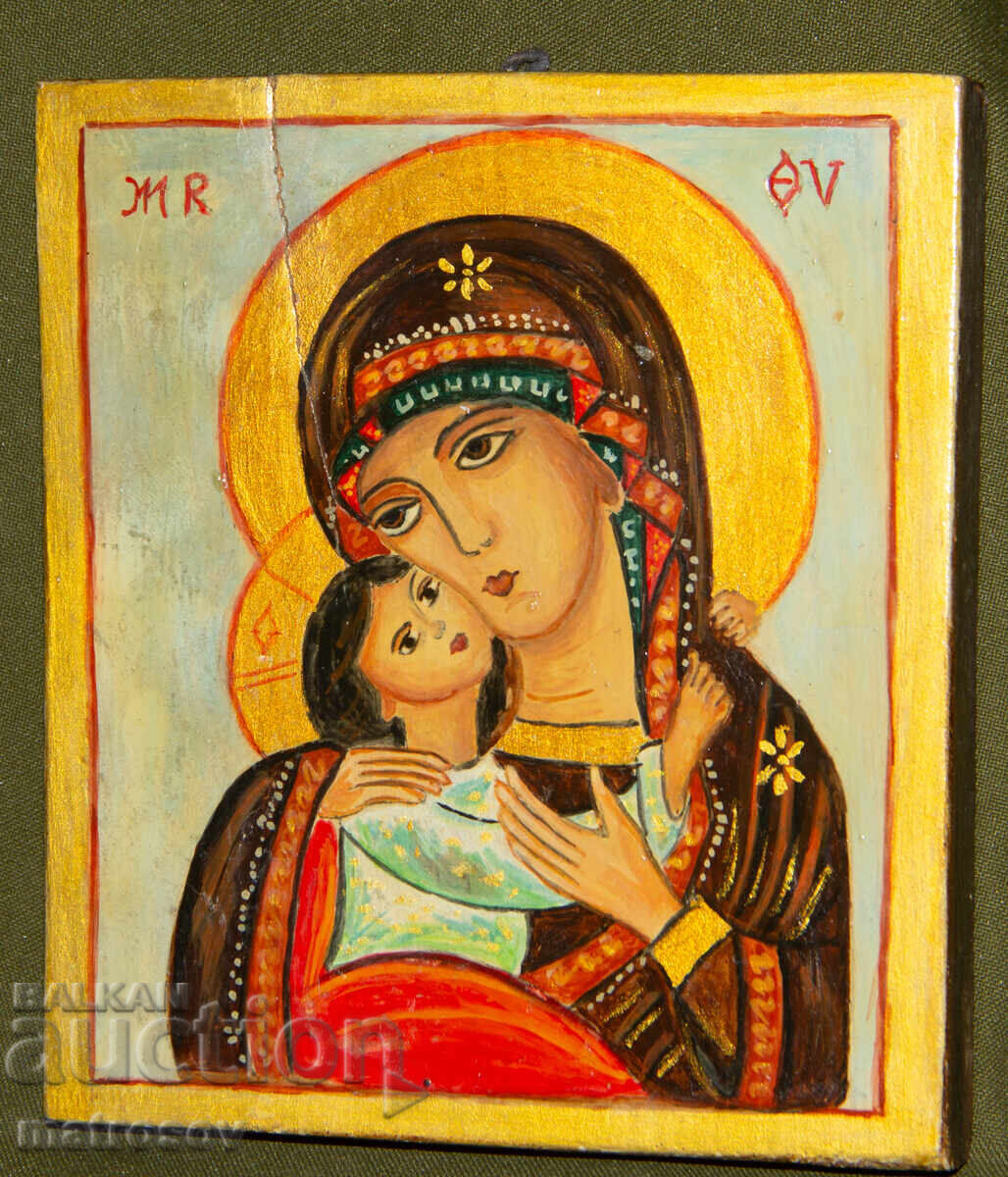 Icoană pictată manual, vopsele tempera, Sf. Fecioară Maria cu Pruncul