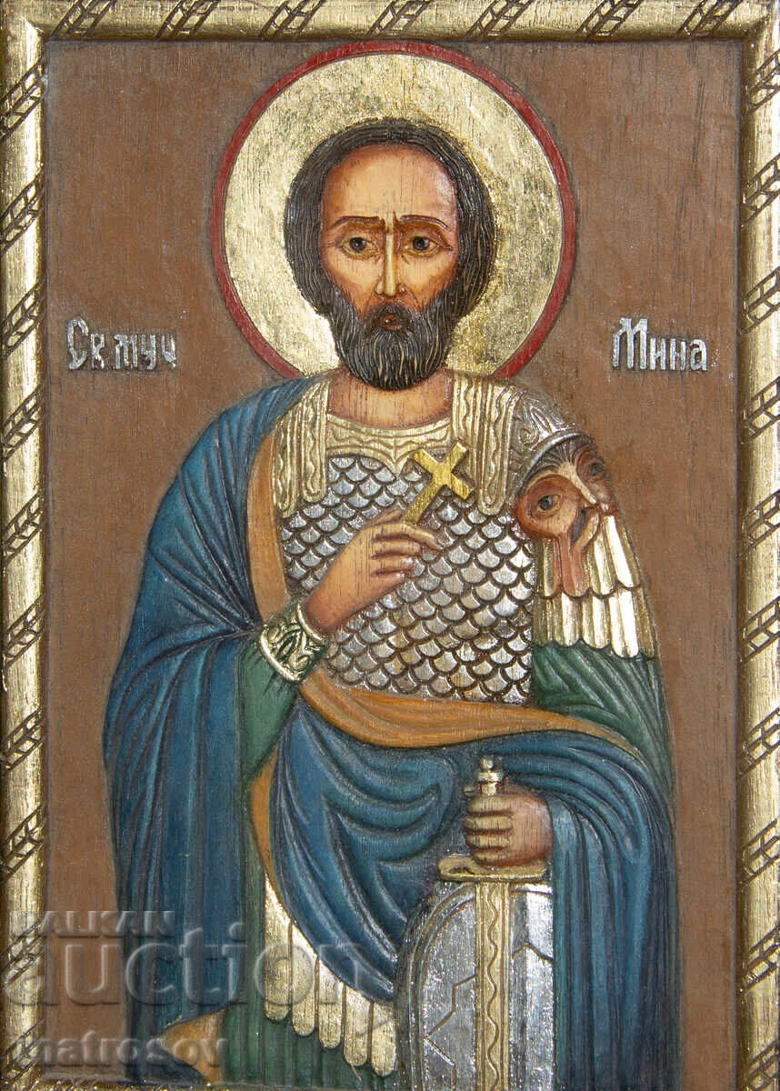 Icoană pictată manual, vopsele tempera, Sfântul Mina cu preț 200.00 BGN | € 102.26