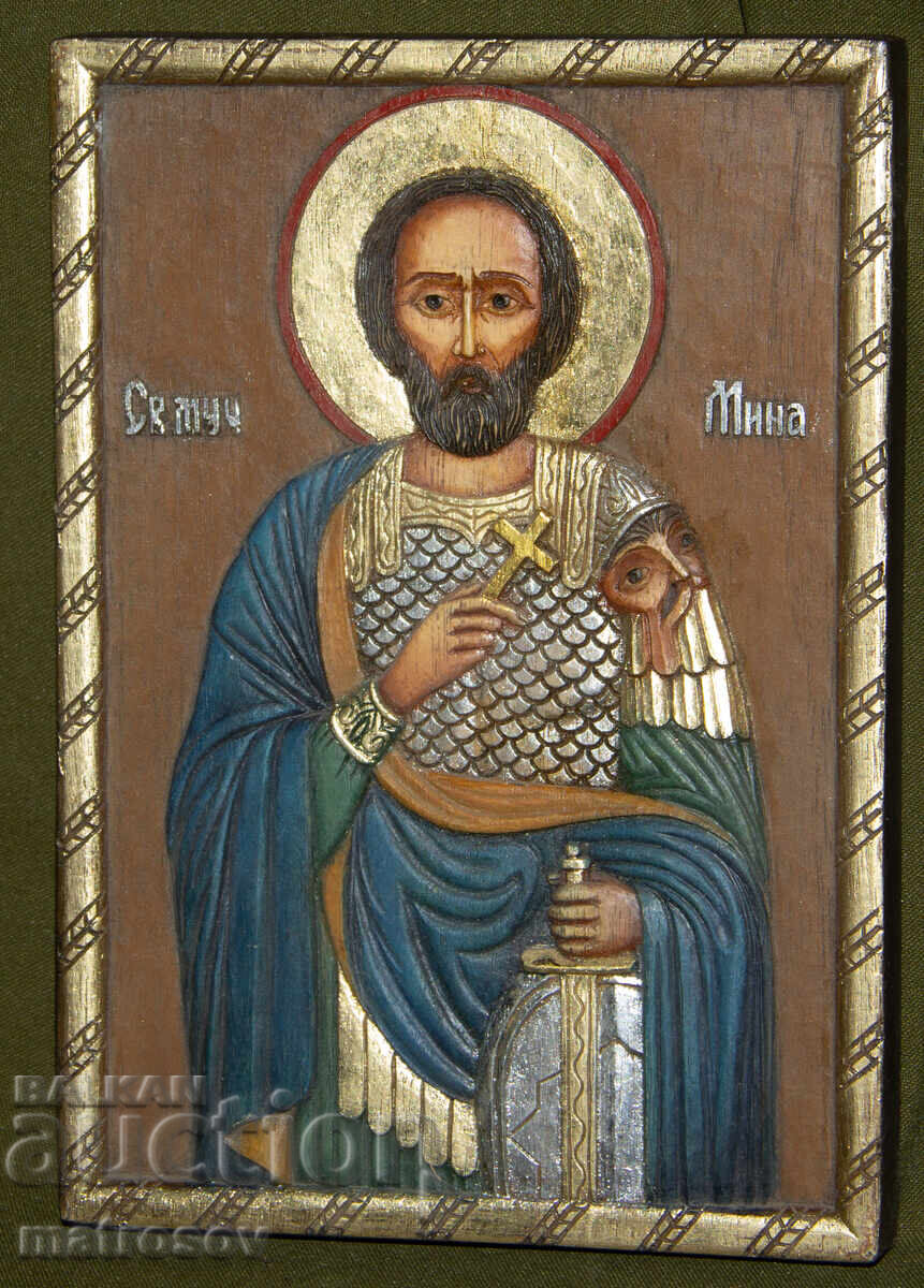 Icoană pictată manual, vopsele tempera, Sfântul Mina