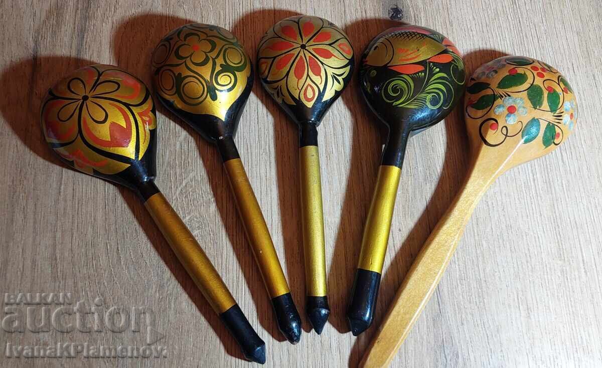 Russian Khokhloma Souvenir Spoons, 5 Pieces, for Connoisseurs - 5 Russian Khokhloma Souvenir Spoons, 5 Pieces, for Connoisseurs - 5