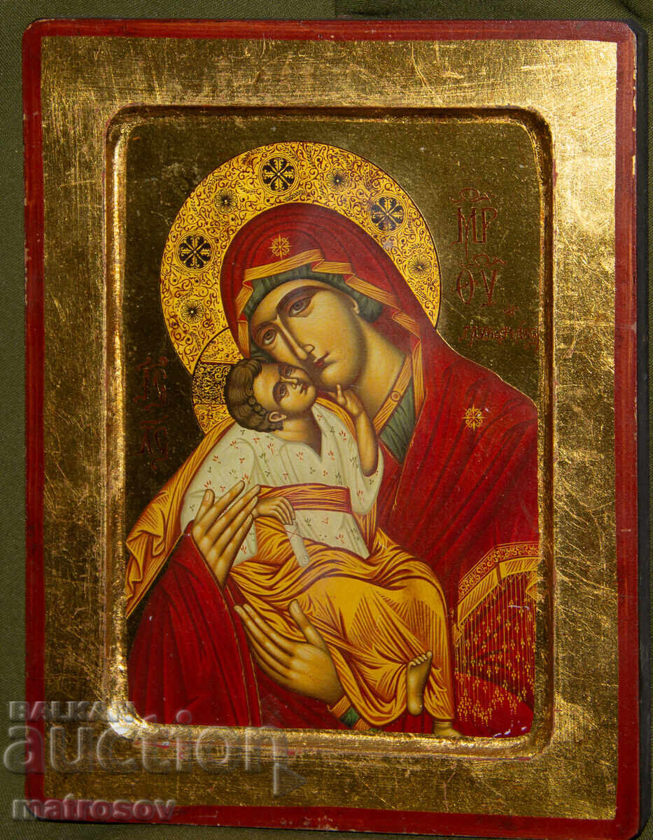 Icoană pictată manual, tempera, Sf. Fecioară Maria cu Pruncul