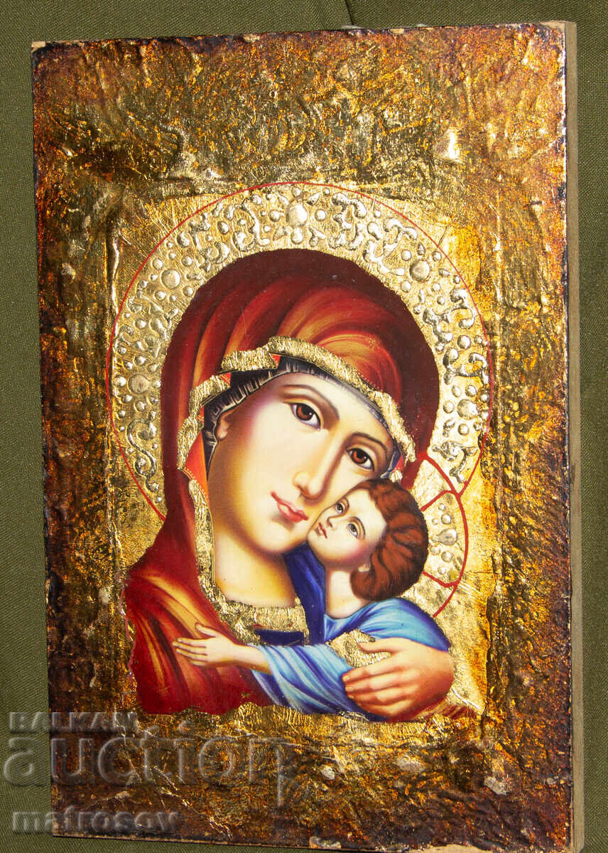 Icoană pictată manual, tempera, Sf. Fecioară Maria cu Pruncul