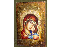 Icoană pictată manual, tempera, Sf. Fecioară Maria cu Pruncul
