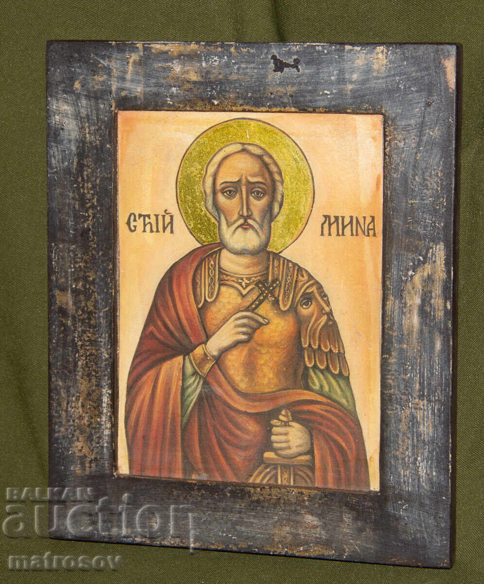 Sfântul Mina, icoană pictată manual, vopsele tempera cu preț 200.00 BGN | € 102.26