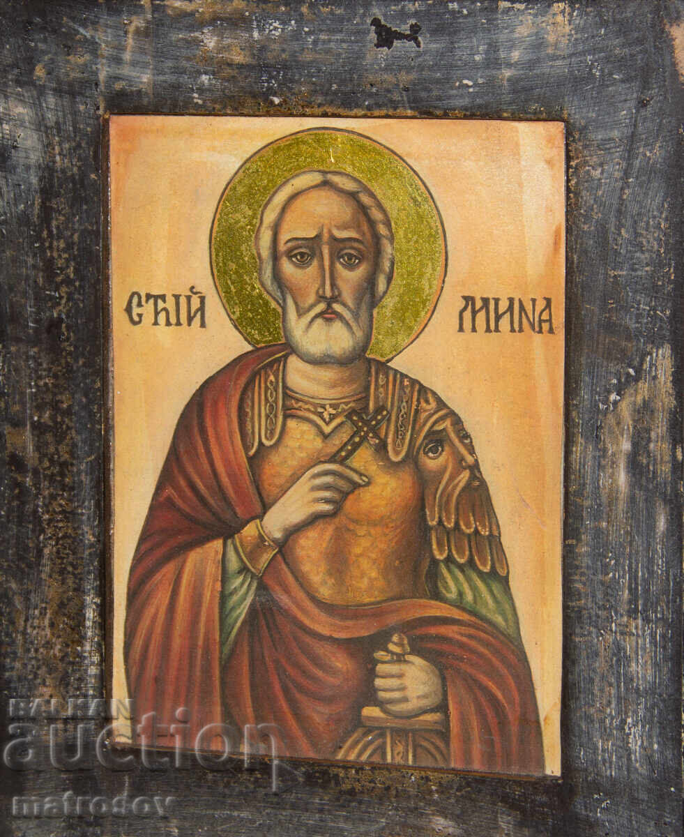 Licitație Sfântul Mina, icoană pictată manual, vopsele tempera