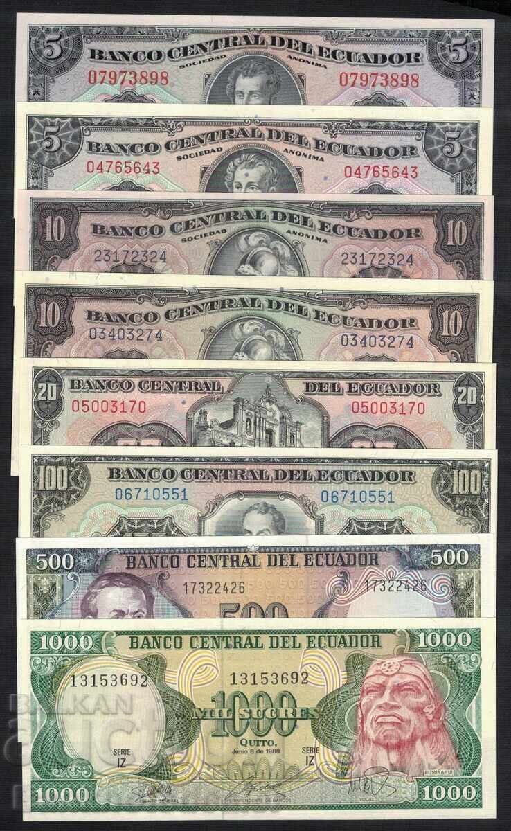 ECUADOR lot of 8 banknotes Sucres1982 /1988 Unc