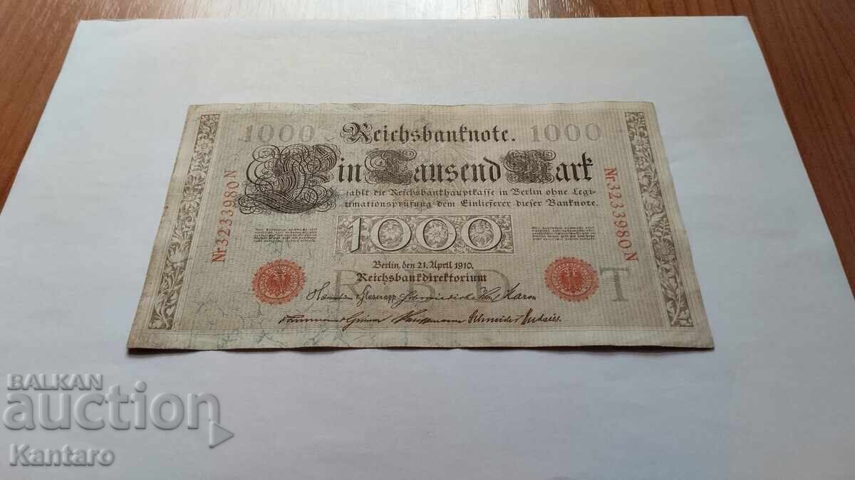 Банкнота - ГЕРМАНИЯ - 1000 марки - 1910 г. - червен печат с цена 10.00 лв. | € 5.11