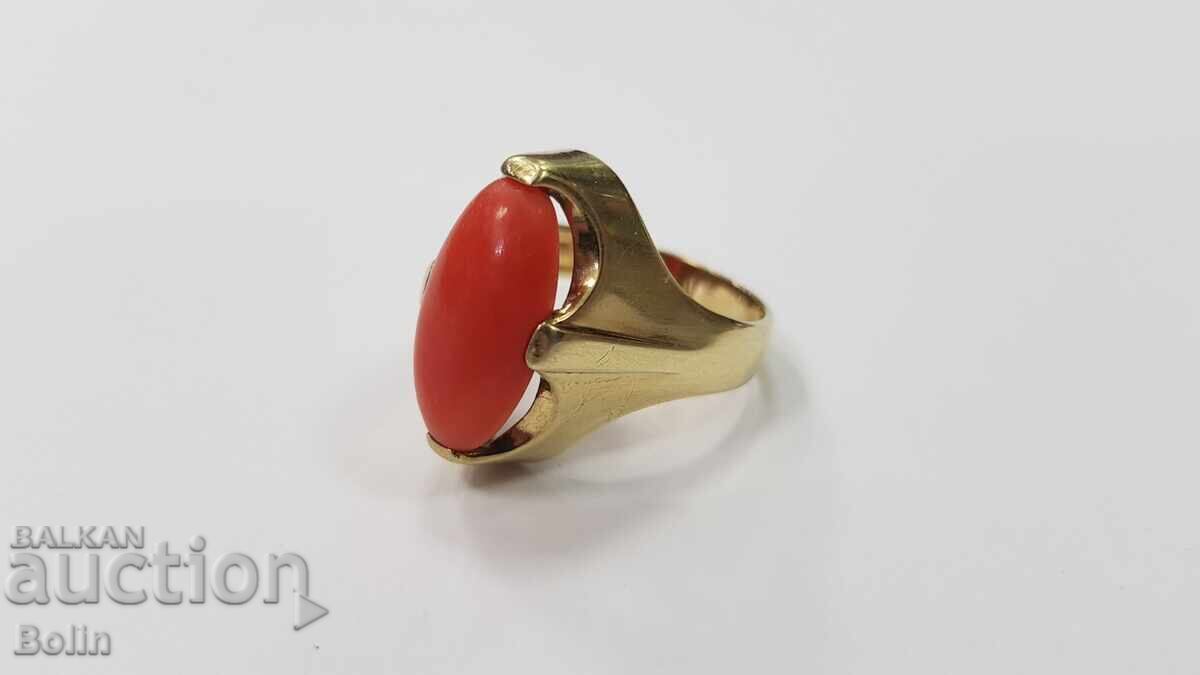 Inel vintage de damă din aur cu coral roșu - 8 carate - 7 Inel vintage de damă din aur cu coral roșu - 8 carate - 7