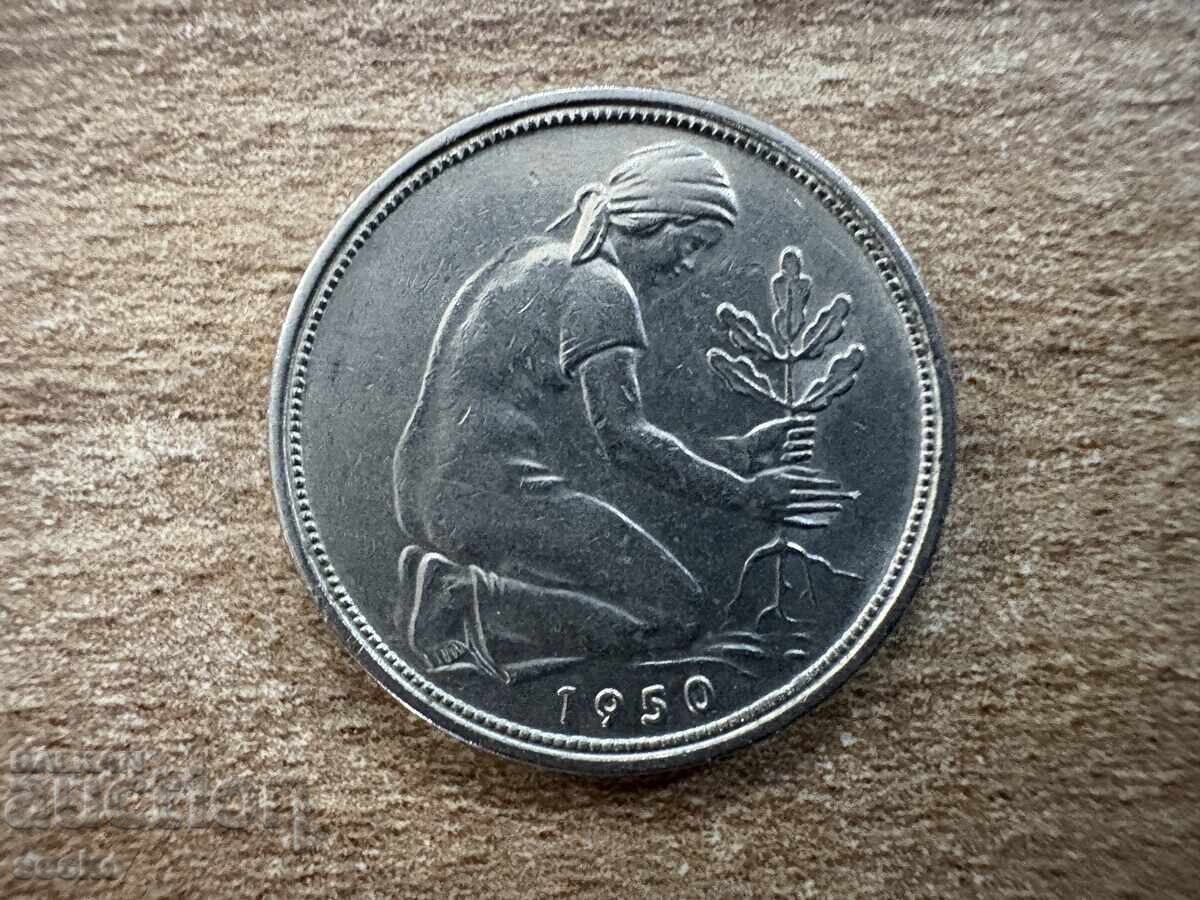 Γερμανία - 50 πφένιγκ (1950) - D με τιμή 0.60 BGN | € 0.31 Γερμανία - 50 πφένιγκ (1950) - D με τιμή 0.60 BGN | € 0.31