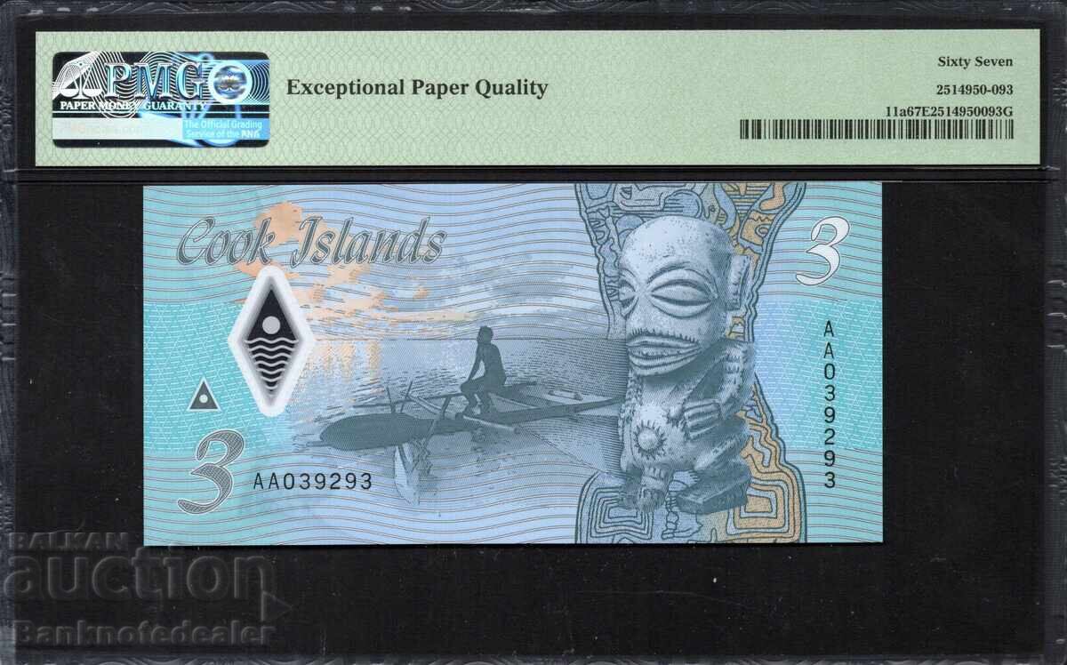 Cook Islands 3 Dollars 2021 Pick 11a PMG 67 EPQ with price 75.00 BGN | € 38.35