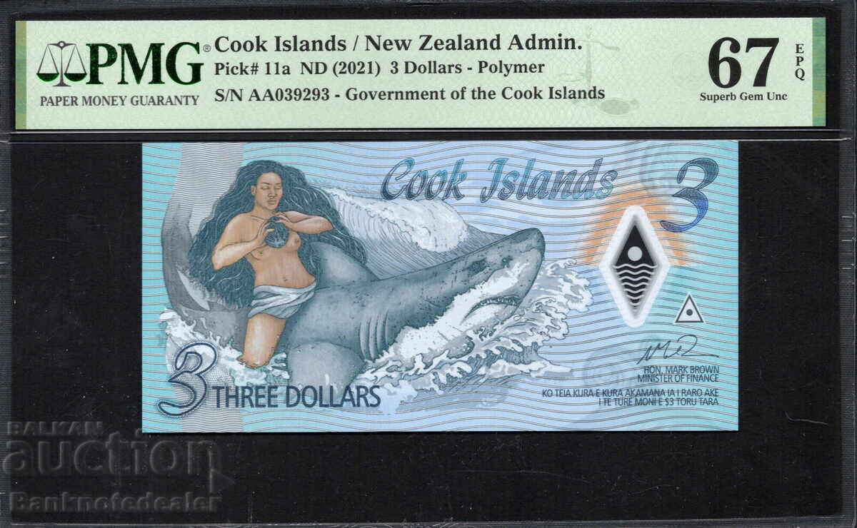 Cook Islands 3 Dollars 2021 Pick 11a PMG 67 EPQ