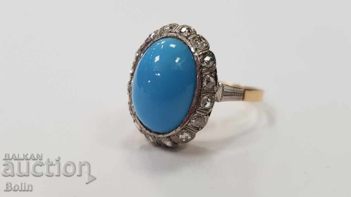 Όμορφο χρυσό γυναικείο δαχτυλίδι με τυρκουάζ και διαμάντια - 20ος αιώνας με τιμή 1600.00 BGN | € 818.07