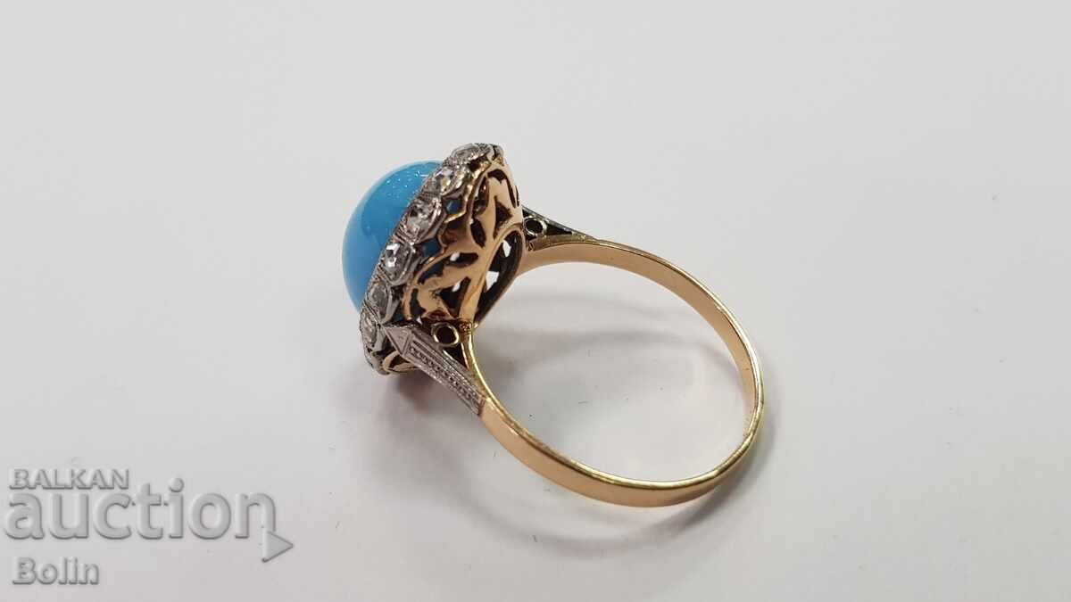 Δημοπρασία Όμορφο χρυσό γυναικείο δαχτυλίδι με τυρκουάζ και διαμάντια - 20ος αιώνας