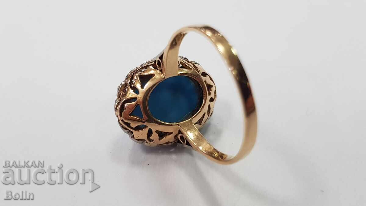 Παράδοση Όμορφο χρυσό γυναικείο δαχτυλίδι με τυρκουάζ και διαμάντια - 20ος αιώνας