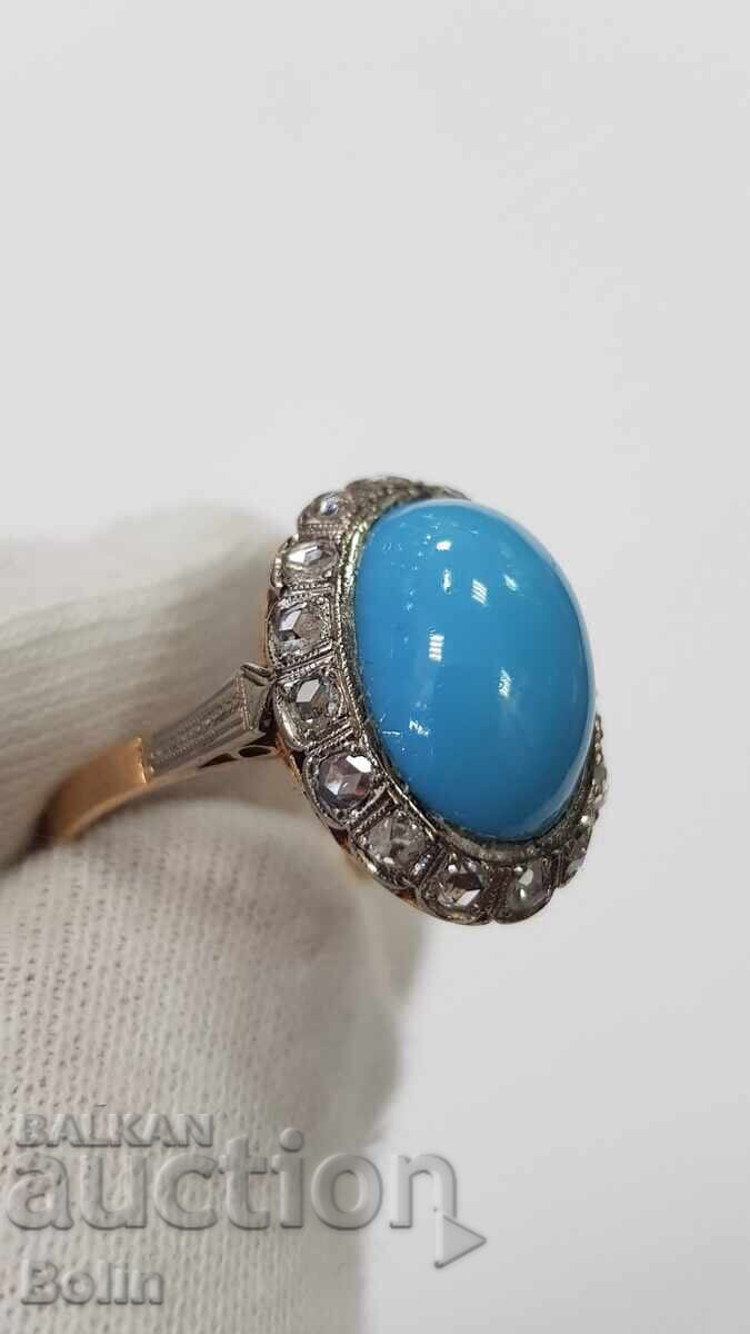 Όμορφο χρυσό γυναικείο δαχτυλίδι με τυρκουάζ και διαμάντια - 20ος αιώνας - 5