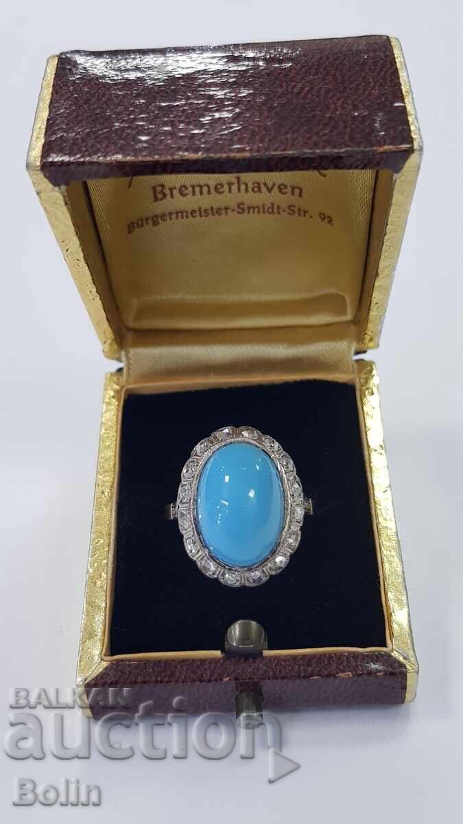 Όμορφο χρυσό γυναικείο δαχτυλίδι με τυρκουάζ και διαμάντια - 20ος αιώνας