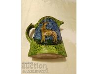 Vechi ulcior ceramic primitiv antic, glazurat, semnat