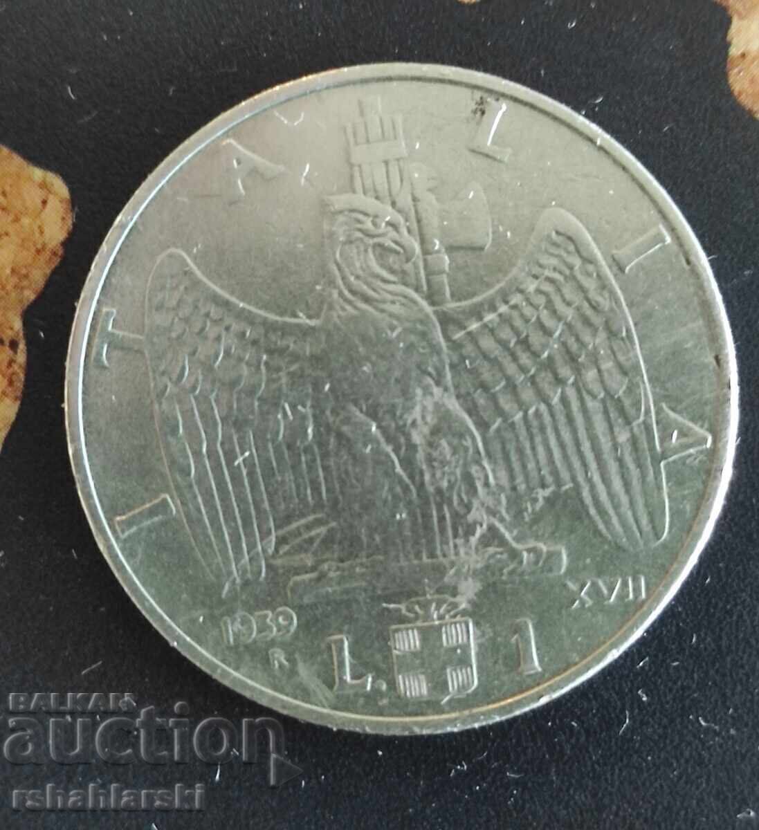 Monedă Italia 1 liră, Magnetică 1939 - XVII