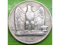 5 Lire 1926 Italia Argint - Rare Anul 1