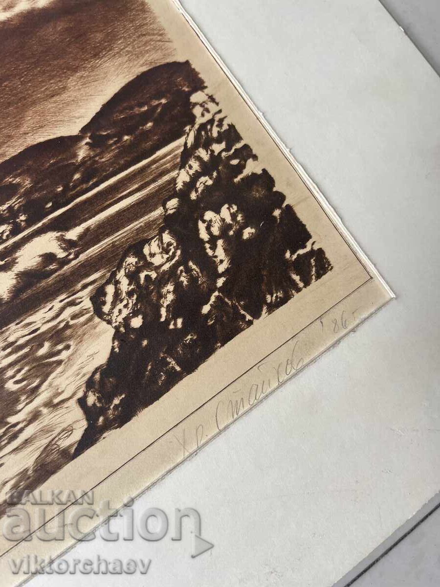 Проф. Христо Стайков графика - “Залез” 1986 г. картина с цена 215.00 лв. | € 109.93