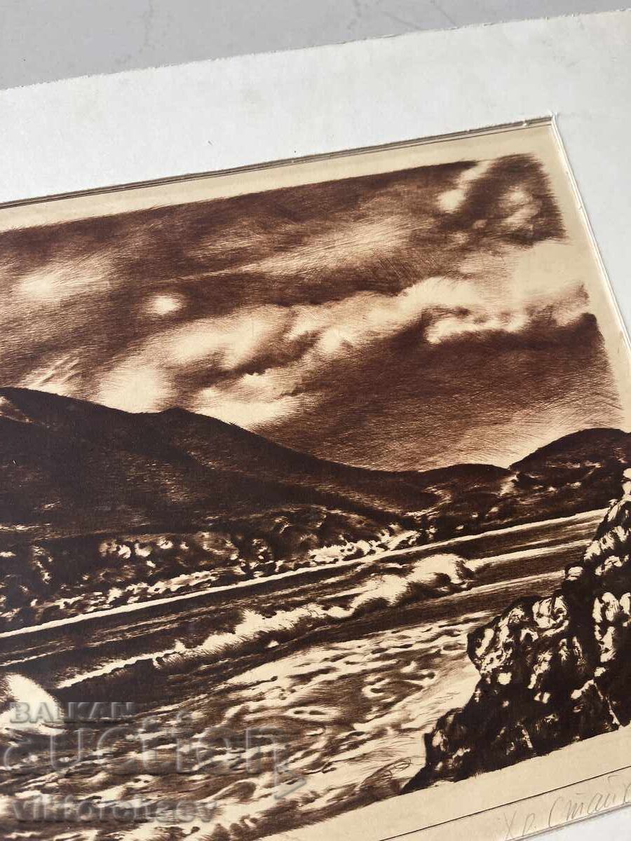 Проф. Христо Стайков графика - “Залез” 1986 г. картина - 6