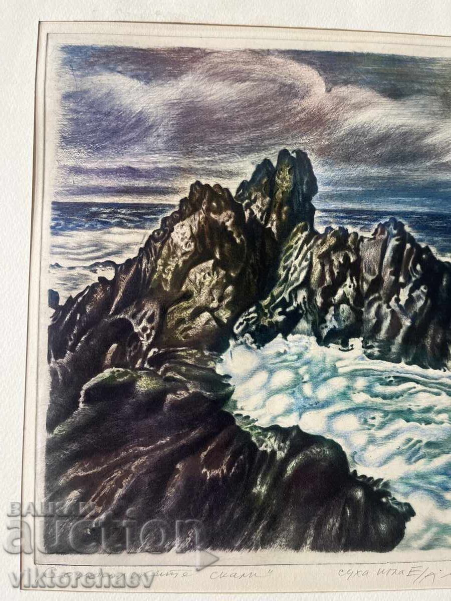 Prof. Hristo Staikov grafică - “Stâncile din Sozopol” tablou - 5