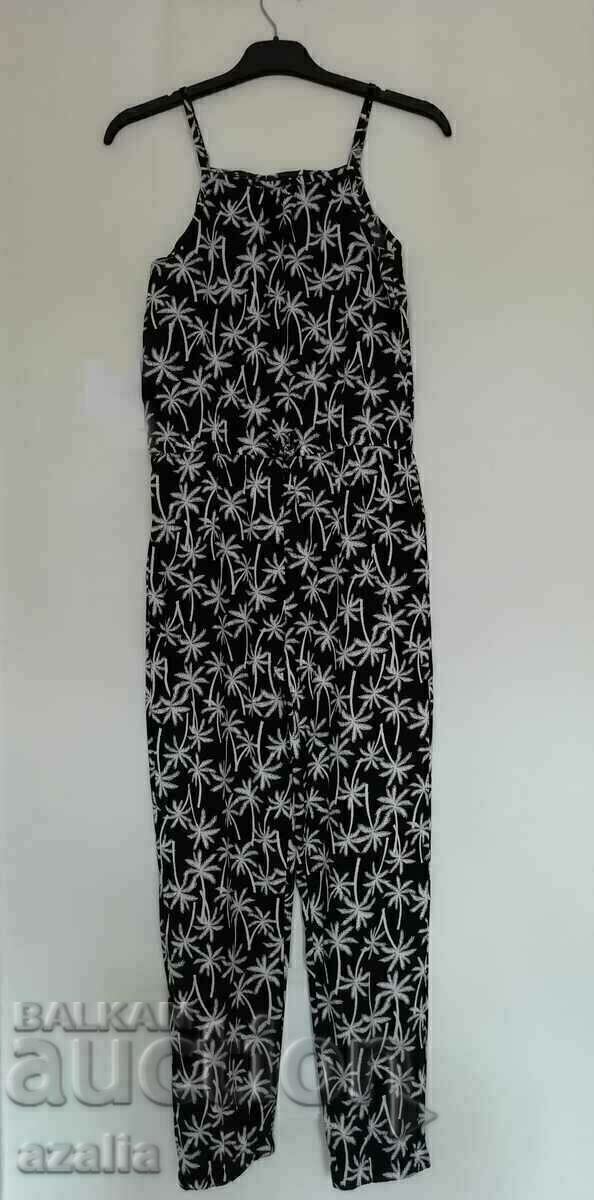 Auction  Women's jumpsuit, black with white palm trees