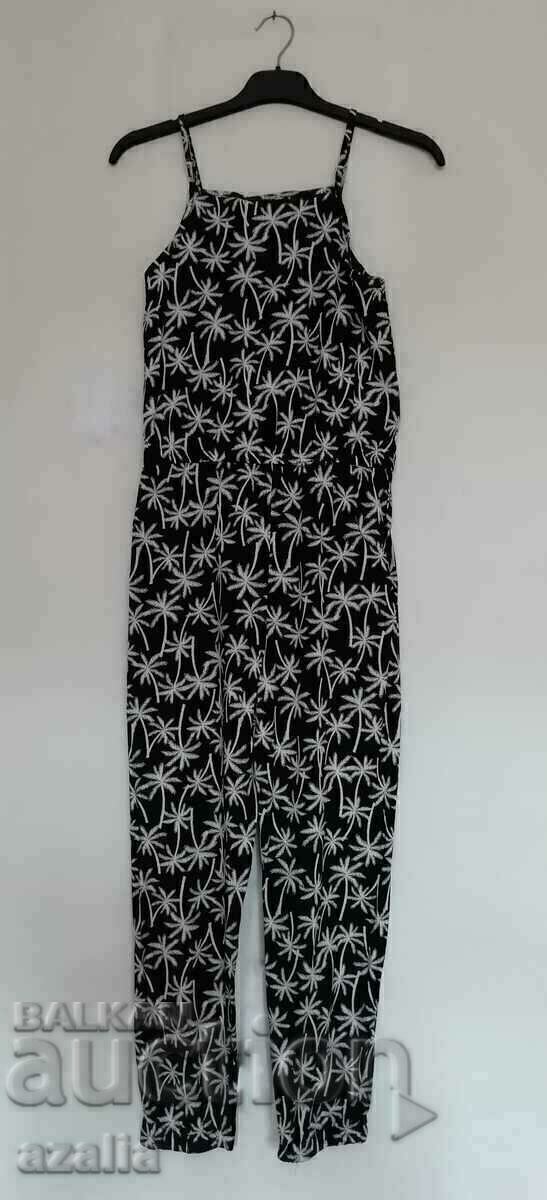 Delivery of Women's jumpsuit, black with white palm trees
