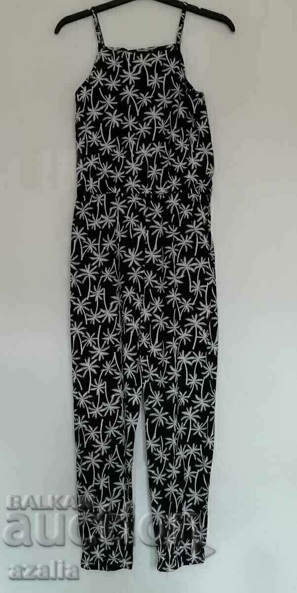 Women's jumpsuit, black with white palm trees